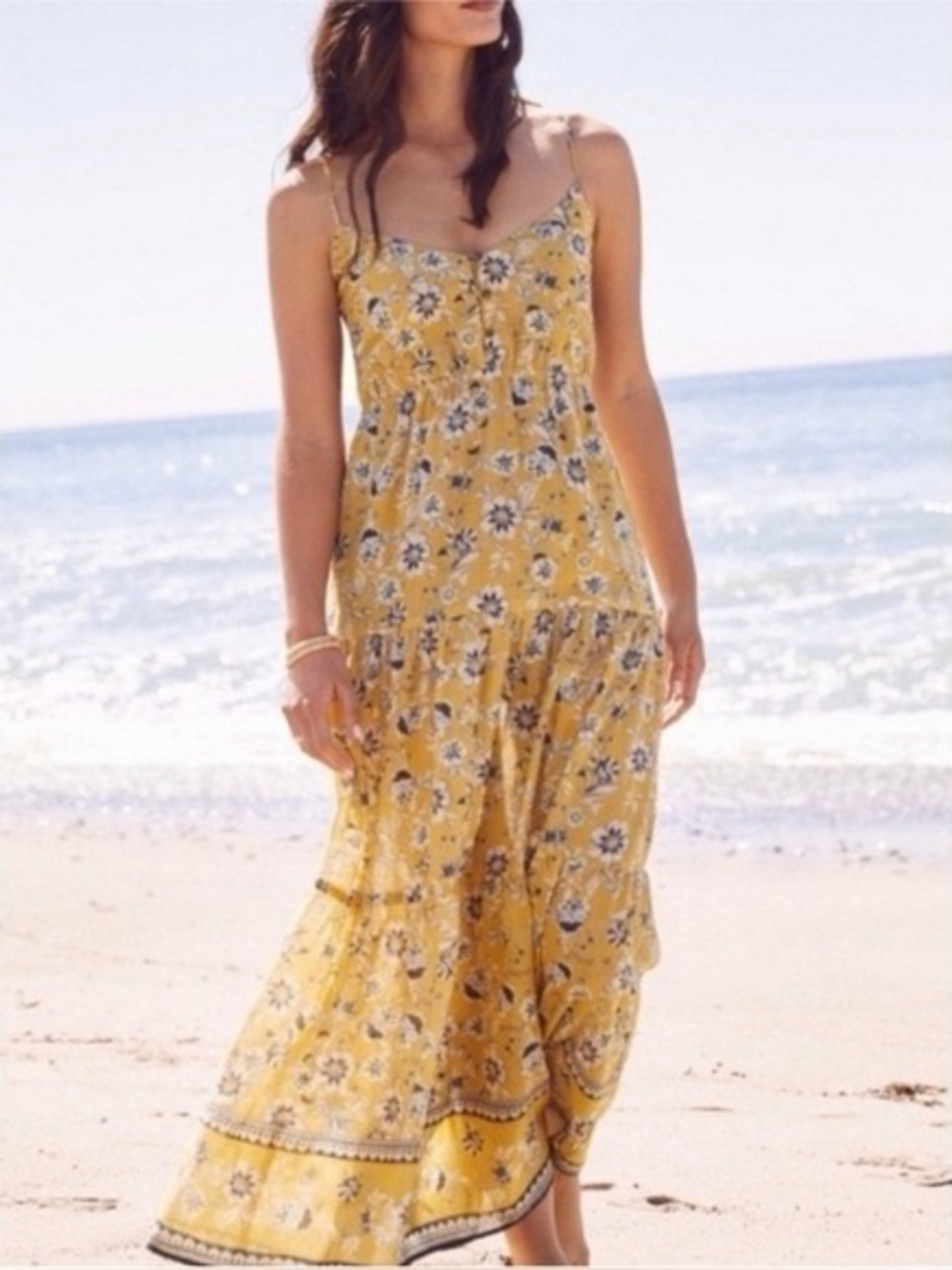 Evereve Mustard Floral Maxi Dress with Spaghetti Straps